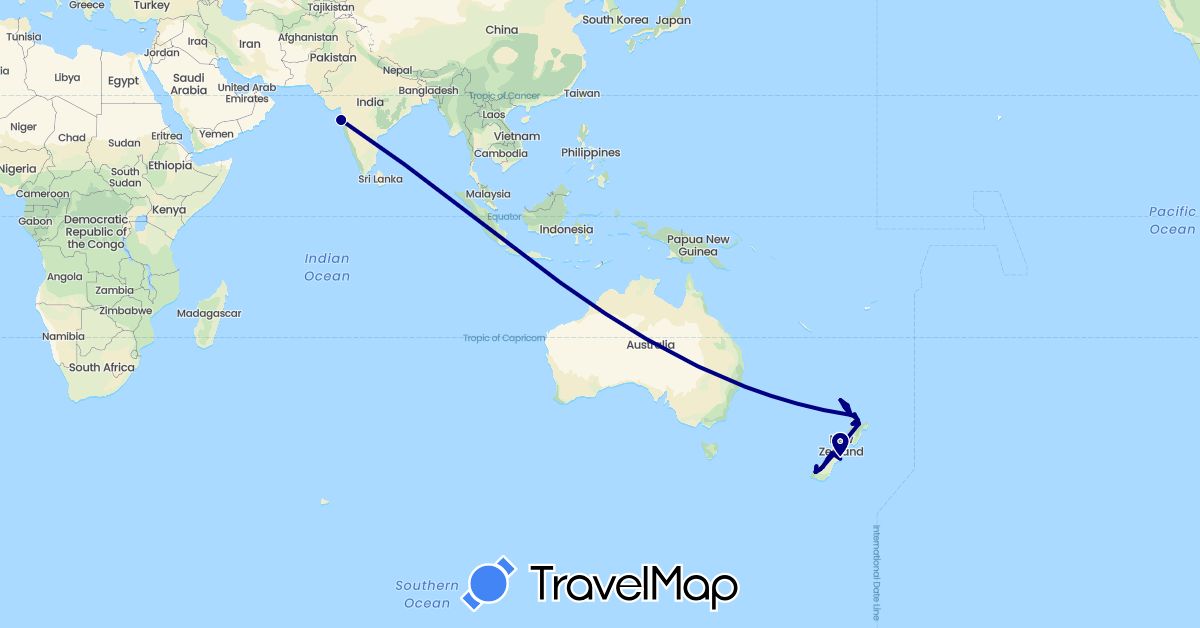 TravelMap itinerary: driving in India, New Zealand (Asia, Oceania)